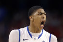 Kentucky forward Anthony Davis (23) reacts during the second half of an NCAA Final Four semifinal college basketball tournament game against Louisville Saturday, March 31, 2012, in New Orleans. Kentucky won 69-61. (AP Photo/David J. Phillip)