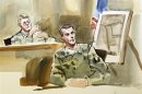Photograph of a courtroom sketch by artist Silver shows U.S. Army Special Forces Capt. Fields testifying at the military Article-32 Investigation of Staff Sgt. Bales at Joint Base Lewis-McChord, Washington