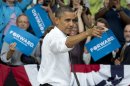 President Barack Obama points to the crowd as he leaves a campaign event at Eden Park's Seasongood Pavilion, Monday, Sept. 17, 2012, in Cincinnati, Ohio. (AP Photo/Carolyn Kaster)
