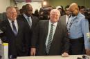 Toronto Mayor Rob Ford registers as a candidate Thursday, Jan. 2, 2014, for the city's 2014 municipal election in October. Councillor Doug Ford is at left. (AP Photo/The Canadian Press, Victor Biro)
