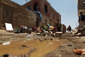 Yemenis gather near the rubble of houses near Sanaa &hellip;