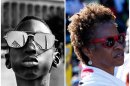 In this combination of Associated Press file photos, at left, the top of the Washington Monument and part of a U.S. flag are reflected in the sunglasses of Austin Clinton Brown, 9, of Gainesville, Fla., during the March on Washington on Aug. 28, 1963; and at right, Claudia Hanes, from Kentucky, takes part in a rally to commemorate the 50th anniversary of the 1963 march, at the Lincoln Memorial in Washington on Saturday, Aug. 24, 2013, right. Tens of thousands of people marched toward the Martin Luther King Jr. Memorial and down the National Mall on Saturday, commemorating the 50th anniversary of King's famous speech and pledging that his dream includes equality for gays, Latinos, the poor and the disabled. (AP Photo/File)