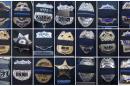 Combination image shows mourning bands placed over different police badges at the funeral of slain NYPD officer Rafael Ramos at Christ Tabernacle Church in the Queens borough of New York