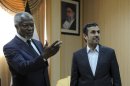 In this photo released by the semi-official Iranian Students News Agency (ISNA), International envoy Kofi Annan, left, gestures during his meeting with Iranian President Mahmoud Ahmadinejad, on the Iranian island of Qeshm, Wednesday, April 11, 2012. Annan, the U.N.-Arab League envoy, has been pushing Damascus to withdraw its troops from cities and halt all violence in 48 hours to salvage his peace plan. He has appealed to Syria's key ally Iran to support his plan to end the violence wracking the Arab country, saying that 