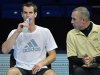 Murray of Britain practices speaks with his coach Lendl during a practice session ahead of the ATP tennis finals at the O2 Arena in London