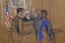 A courtroom sketch shows Webster Pugh appearing before New York U.S. District Garaufis as his defense attorney Schneider stands next to him at federal court in the borough of Brooklyn in New York
