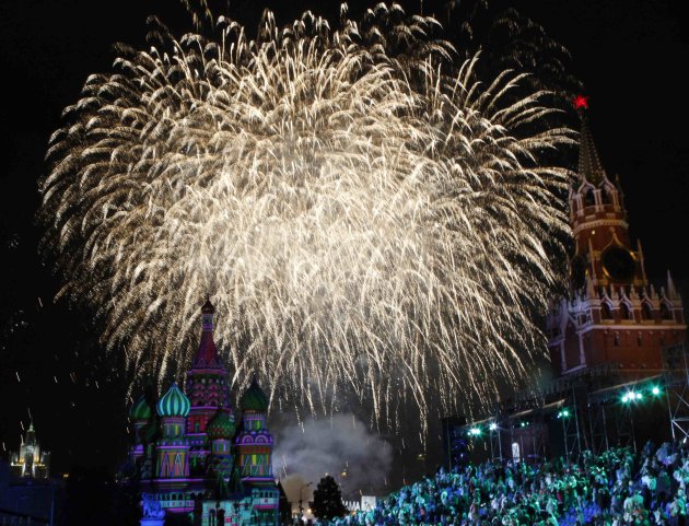 Fireworks explode above St. Basil's cathedral during the "Spasskaya Tower" international military music festival on Moscow's Red Square