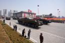 Musudan-class missiles are displayed during a military parade in Pyongyang