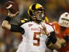 Maryland quarterback Danny O'Brien throws to a receiver in the first half of an NCAA football game against Miami in College Park, Md., Monday, Sept. 5, 2011. (AP Photo/Patrick Semansky)