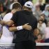 Andy Roddick, right, embraces fellow Nebraskan Jack Sock after Roddick's 6-3, 6-3, 6-4 win during the U.S. Open tennis tournament in New York, Friday, Sept. 2, 2011. (AP Photo/Charles Krupa)