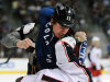 Colorado Avalanche left wing Cody McLeod, top, fights with Columbus Blue Jackets right wing Derek Dorsett, bottom, in the first period of an NHL hockey game on Thursday, April 5, 2012, in Denver. (AP Photo/Chris Schneider)