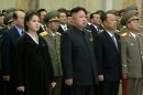 FILE - In this Dec. 17, 2012 file image made from video, North Korean leader Kim Jong Un, second from left in front row, and his wife Ri Sol Ju, left, attend a ceremony to reopen the mausoleum where his father's embalmed remains will lie in state, as they mark the first year of his death in Pyongyang, North Korea. The seemingly pregnant belly sported by the wife of North Korean leader Kim Jong Un in mid-December appeared to be gone by New Year's Day. That's sent South Korean media into a frenzy of speculation that there's a new baby in the ruling Kim dynasty. (AP Photo/KRT via AP Video, File) NORTH KOREA OUT, TV OUT
