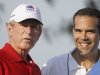 FILE - In this Monday, Sept. 24, 2012, file photo George P. Bush, right, stands with his uncle former President George W. Bush, left, during the Bush Center Warrior Open in Irving, Texas. George P. Bush, the 36-year-old attorney from Fort Worth and son of former Florida Gov. Jeb Bush has taken steps toward seeking elected office in Texas, and his father has said his son is considering a run for the state’s land commissioner.  (AP Photo/LM Otero, File)