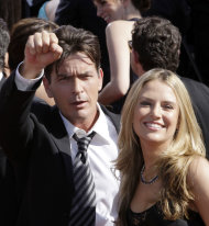 FILE - This May 30, 2008 file photo shows actor Charlie Sheen and Brooke Mueller arriving at the 59th Primetime Emmy Awards in Los Angeles. Mueller is asking Sheen's ex-bosses to withhold $55,000 a month in child support from any payments they make to the actor. (AP Photo/Kevork Djansezian, file)