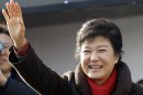 South Korea's presidential candidate Park Geun-hye of the ruling Saenuri Party waves to supporters during her presidential election campaign in Suwon, south of Seoul, South Korea, Monday, Dec. 17, 2012. South Korea's presidential election is scheduled for Dec. 19. (AP Photo/Lee Jin-man)