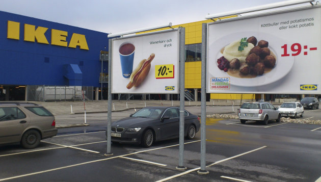 Advertising for Ikea meat balls at the parking area at an Ikea store in Malmo Sweden Monday Feb. 25, 2012. Furniture retailer Ikea says it has halted all sales of meat balls in Sweden after Czech authorities detected horse meat in frozen meatballs that were labeled as beef and pork. (AP Photo/Johannes Cleris) SWEDEN OUT