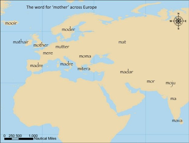 A map shows the distribution of words across Europe for mother (Quentin Atkinson/PA)