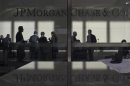 The lobby of JP Morgan headquarters is photographed through it's front doors in New York