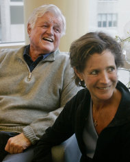 FILE - In this May 20, 2008 file photo, Sen. Edward M. Kennedy, D-Mass., smiles as he sits with his daughter Kara Kennedy in a family room at the Massachusetts General Hospital in Boston. Kara, the oldest child of the late Sen. Kennedy, died Friday, Sept. 16, 2011, at a Washington-area health club, her brother Patrick Kennedy told The Associated Press. Sen. Kennedy died Aug. 25, 2009. (AP Photo/Stephan Savoia, File)