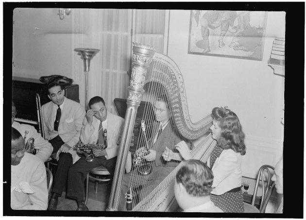 This publicly distributed handout photo made available by the Library Congress shows from left, Lawrence Brown, Johnny Hodges, and Adele Girard, performing at the Turkish Embassy in Washington, in the 1930s. Pianist Herbie Hancock is looking forward to paying tribute to the special connection between Turkey and jazz music forged decades ago when the Turkish ambassador opened his residence for white and black musicians to jam together at a time when segregation held sway in the U.S. capital. (AP Photo/The Library of Congress, William P. Gottlieb)