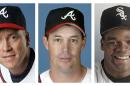 FILE - From left are Tom Glavine in 2008, Greg Maddux in 2008, and Frank Thomas in 1994 file photos. Glavine, Maddux and Thomas were selected to the Baseball Hall of Fame, Wednesday, Jan. 8, 2014. (AP Photo/File)