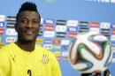 Ghana's Asamoah Gyan attends a news conference before an official training session the day before the group G World Cup soccer match between Ghana and the United States at the Arena das Dunas in Natal, Brazil, Sunday, June 15, 2014. (AP Photo/Dolores Ochoa)
