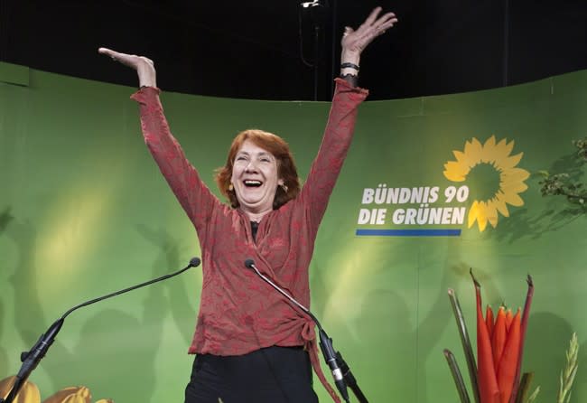Top candidate of the Greens for the state elections in Bremen Karoline Linnert, celebrates after public broadcaster ARD released the first exit polls in Bremen, Germany, Sunday, May 22, 2011. The Social Democrats in Bremen state are forecast to retain their lead with an almost unchanged share of 38 percent of the vote, but their junior partner, The Greens, surged by 6 percent to 22.5 percent. It says the chancellor's Christian Democrats lost about 6 percent, getting 20 percent of the votes for the state legislature. (AP Photo/dapd, Jens Schlueter)