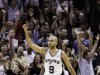 San Antonio Spurs point guard Tony Parker (9), of France, reacts against the Oklahoma City Thunder during the second half of Game 2 in their NBA basketball Western Conference finals playoff series, Tuesday, May 29, 2012, in San Antonio. (AP Photo/Eric Gay)
