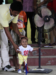 Junrey Balawing holds a Philippine flag as he is assisted by his father Reynaldo after being measured by a Guinness World Records representative at Sindangan Health Center, Sindangan township, Zamboanga Del Norte province in Southern Philippines Saturday June 11, 2011, the eve of his 18th birthday which is coincidentally the Philippines Independence Day. Officials said Saturday Balawing was measured at 24 and 1/4 inches (about 61 centimeters) lying down and about two inches shorter than the current record holder Khagendra Thapa Magar of Nepal and is expected to be officially named as the world's shortest living man when he turns 18 Sunday. (AP Photo/Bullit Marquez)