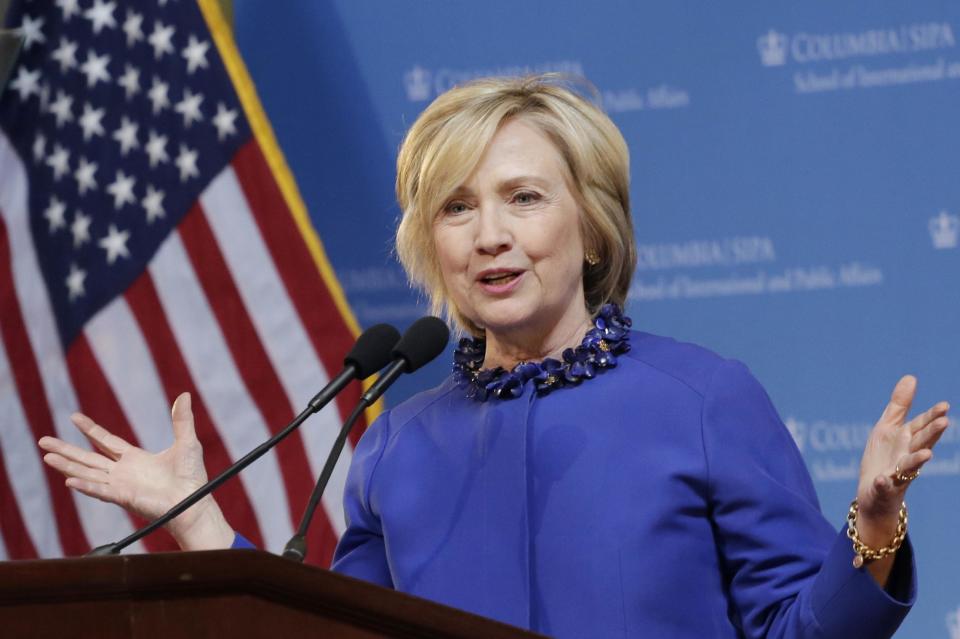 In this April 29, 2015, photo, Democratic presidential hopeful former Sen. Hillary Rodham Clinton speaks at the David N. Dinkins Leadership and Public...