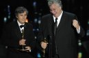Tom Fleischman and John Midgley accept the Oscar for best sound mixing for â€œHugoâ€ during the 84th Academy Awards on Sunday, Feb. 26, 2012, in the Hollywood section of Los Angeles. (AP Photo/Mark J. Terrill)