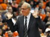 Syracuse head coach Jim Boeheim shows his displeasure with an official's call during the second half against Princeton in an NCAA college basketball game in Syracuse, N.Y., Wednesday, Nov. 21, 2012. Syracuse won 73-53. (AP Photo/Kevin Rivoli)