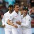 South Africa's Peterson, Steyn and Elgar celebrate the wicket of New Zealand's Guptill during their second test cricket match in Port Elizabeth