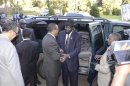 South Sudan's President Kiir shakes hands with Ethiopia's PM Desalegn as he arrives for talks with leaders from Sudan in Addis Ababa