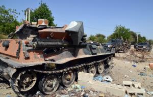 The wreckge of a tank belonging to Boko Haram militants …