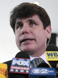 Former Illinois Gov. Rod Blagojevich speaks to the media at the Federal Courthouse Monday, June 27, 2011 in Chicago. Blagojevich has been convicted of 17 of the 20 charges against him, including all 11 charges related to his attempt to sell or trade President Barack Obama's vacated Senate seat. (AP Photo/Kiichiro Sato)