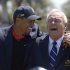 Tiger Woods, left, and Arnold Palmer share a laugh during the trophy presentation after Woods won the Arnold Palmer Invitational golf tournament in Orlando, Fla., Monday, March 25, 2013. (AP Photo/Phelan M. Ebenhack)
