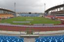 Workers prepare Malabo Stadium on the eve of a match during the 2015 African Cup of Nations football tournament in Malabo on January 19, 2015
