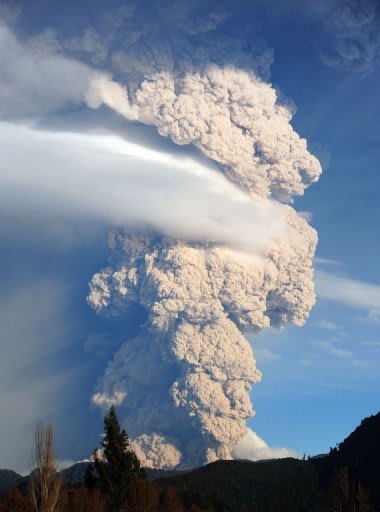 A cloud of ash billowing from Puyehue volcano in southern Chile