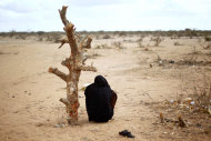 A pregnant Somali woman sits by a tree trunk at UNHCR's Ifo Extension camp outside Dadaab, eastern Kenya, 100 kms (60 miles) from the Somali border, Tuesday Aug. 9, 2011. U.S. President Barack Obama has approved $105 million for humanitarian efforts in the Horn of Africa to combat worsening drought and famine. The drought and famine in the horn of Africa has killed more than 29,000 children under the age of 5 in the last 90 days in southern Somalia alone, according to U.S. estimates. The U.N. says 640,000 Somali children are acutely malnourished, suggesting the death toll of small children will rise. (AP Photo/Jerome Delay)