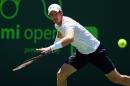 Andy Murray of Great Britain runs to play a forehand against Tomas Berdych of the Czech Republic in their semi-final match during the Miami Open on April 3, 2015 in Key Biscayne, Florida