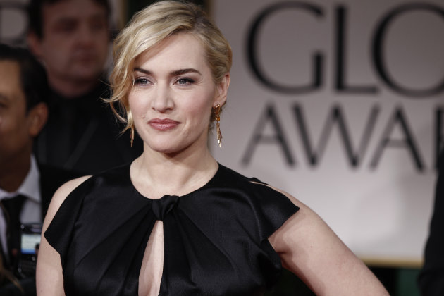 FILE- In this Jan. 15, 2012, file photo showing Kate Winslet arrives on the red carpet before the 69th Annual Golden Globe Awards in Los Angeles, USA. It is announced Friday Jan. 27, 2012, that British actress Kate Winslet is to receive an honorary Cesar award next month from organizers of the French equivalent of the Academy Awards, for her body of work.(AP Photo/Matt Sayles, file)