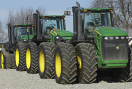 <p>               In this Jan. 6, 2012, shows new John Deere farm tractors at Sloan's Implement John Deere Dealership, in Virden, Ill. Orders to U.S. factories rose in December, supported by a rebound in business investment in capital goods such as heavy machinery. (AP Photo/Seth Perlman)