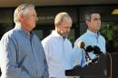 Phil Greene, left, president and CEO TOTE Services, Tim Nolan, right, president of TOTE Maritime Puerto Rico, and Anthony Chiarello, President & CEO, TOTE, Inc., appear at a news conference outside Tote Maritime offices in Jacksonville, Fla., Wednesday, Oct. 7, 2015, about the fate of their missing cargo ship El Faro and the Coast Guard's decision to suspend the search for survivors. (Will Dickey/The Florida Times-Union via AP) MANDATORY CREDIT