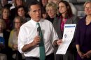 Republican presidential candidate, former Massachusetts Gov. Mitt Romney, holds a flyer as he speaks in Hartford, Conn., Wednesday, April 11, 2012. Romney is intensifying his rebuttal of claims that he and fellow Republicans are insufficiently supportive of women, or even hostile to them. For the second straight day the presumptive GOP nominee campaigned Wednesday at a female-owned work site and denounced Democrats for saying his party is waging 