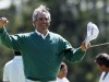 Fred Couples celebrates after finishing the second round the Masters golf tournament on the 18th hole Friday, April 6, 2012, in Augusta, Ga. (AP Photo/David J. Phillip)