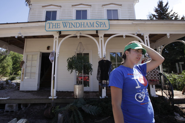 Antonia Schreiber, owner of the Windham Spa speaks to the Associated Press, Tuesday, Aug. 30, 2011 in Windham, N.Y. Officials say more than a dozen towns in Vermont and at least three in New York are 