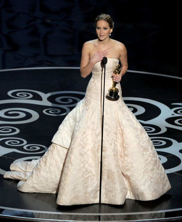 Jennifer Lawrence accepts the award for best actress in a leading role for
