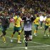 South Africa's soccer players celebrate after their 2012 African Nations Cup Group G qualifying soccer match against Sierra Leone in Nelspruit