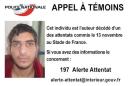 French Police Nationale information services call for witnesses notice handout image shows a man identified as a deceased attacker near the Stade de France soccer stadium